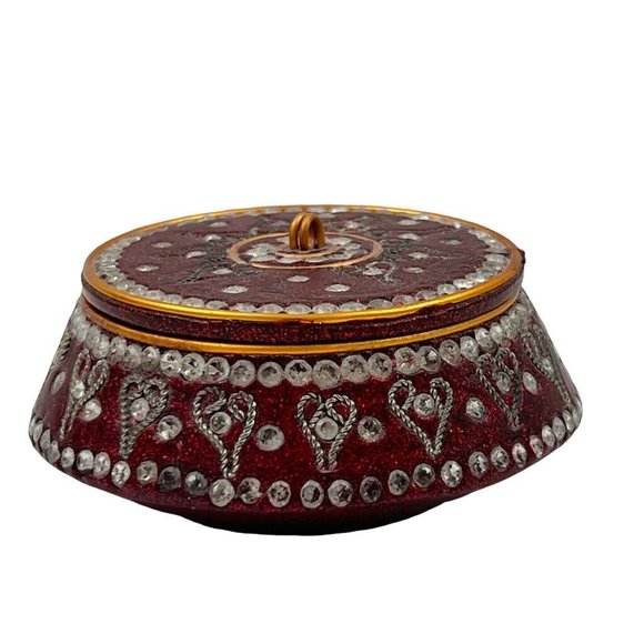 Trinket Round Jewelry Box Maroon Gold Tones Rhinestone Jeweled - Picture 3 of 9